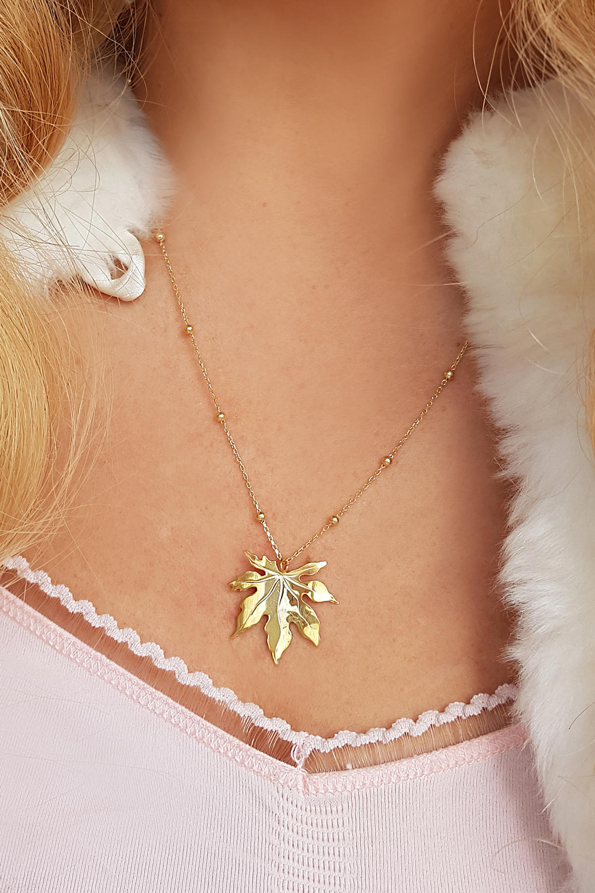Vaoov Çınar Yaprağı Gold Zirkon Taşlı 925 Ayar Altın Kaplama Kararmayan Forse Zincir Kadın Gümüş Kolye 45 cm