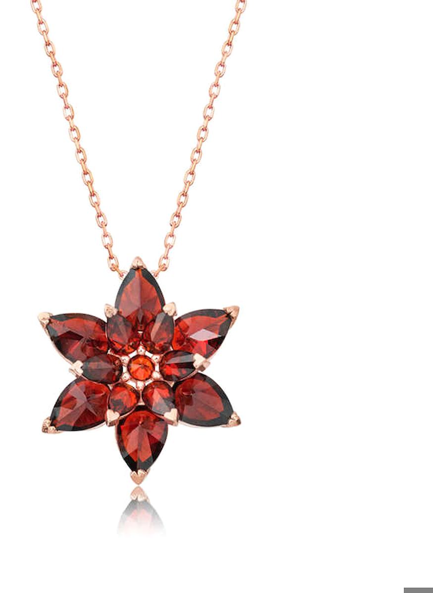 Gumush Lotus Çiçeği Kırmızı Zirkon Taşlı 925 Ayar Kararmayan Forse Zincir Kadın Gümüş Kolye 45 cm