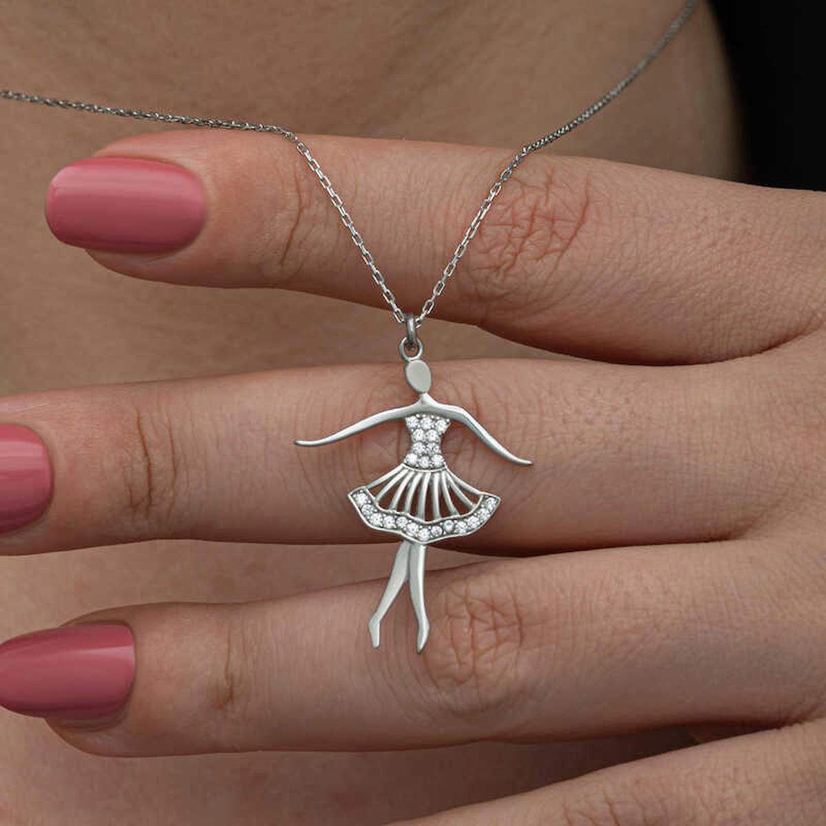 Gumush Balerin Beyaz Zirkon Taşlı 925 Ayar Kararmayan Forse Zincir Kadın Gümüş Kolye