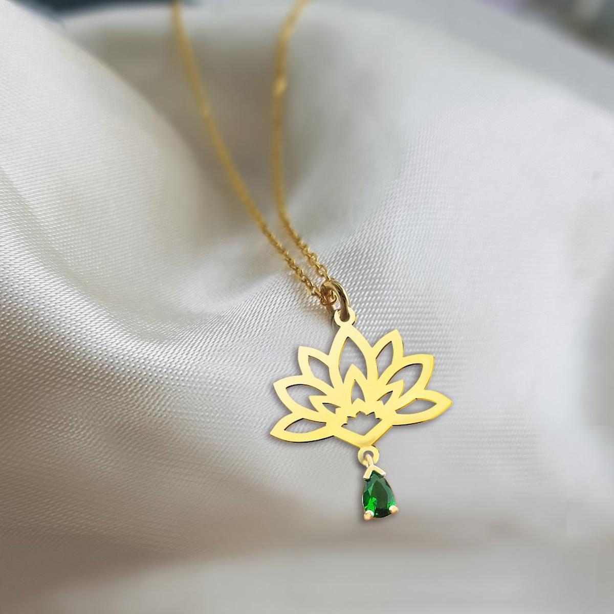 Vaoov Lotus Çiçeği Yeşil Zirkon Taşlı 925 Ayar Altın Kaplama Kararmayan Forse Zincir Kadın Gümüş Kolye 45 cm