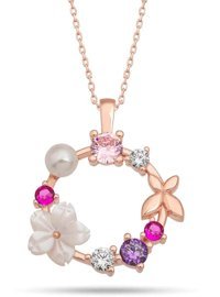 Serra Jewels Manolya Çiçeği - Kelebek Çok Renkli Zirkon Taşlı 925 Ayar Kararmayan Baget Forse Zincir Kadın Gümüş Kolye 45 cm