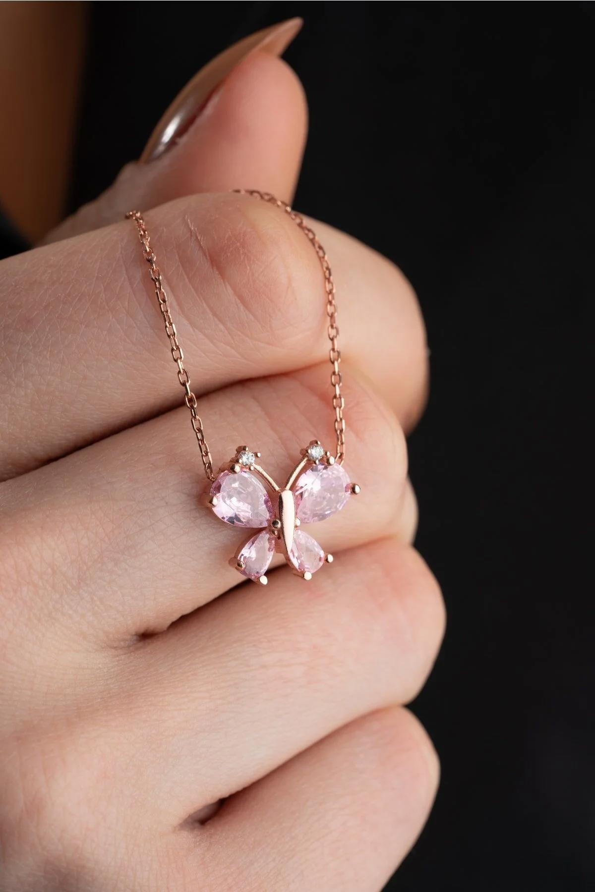 Nereze Yusufçuk Beyaz-Pembe Zirkon Taşlı 925 Ayar Altın Kaplama Kararmayan Forse Zincir Kadın Gümüş Kolye 42 cm