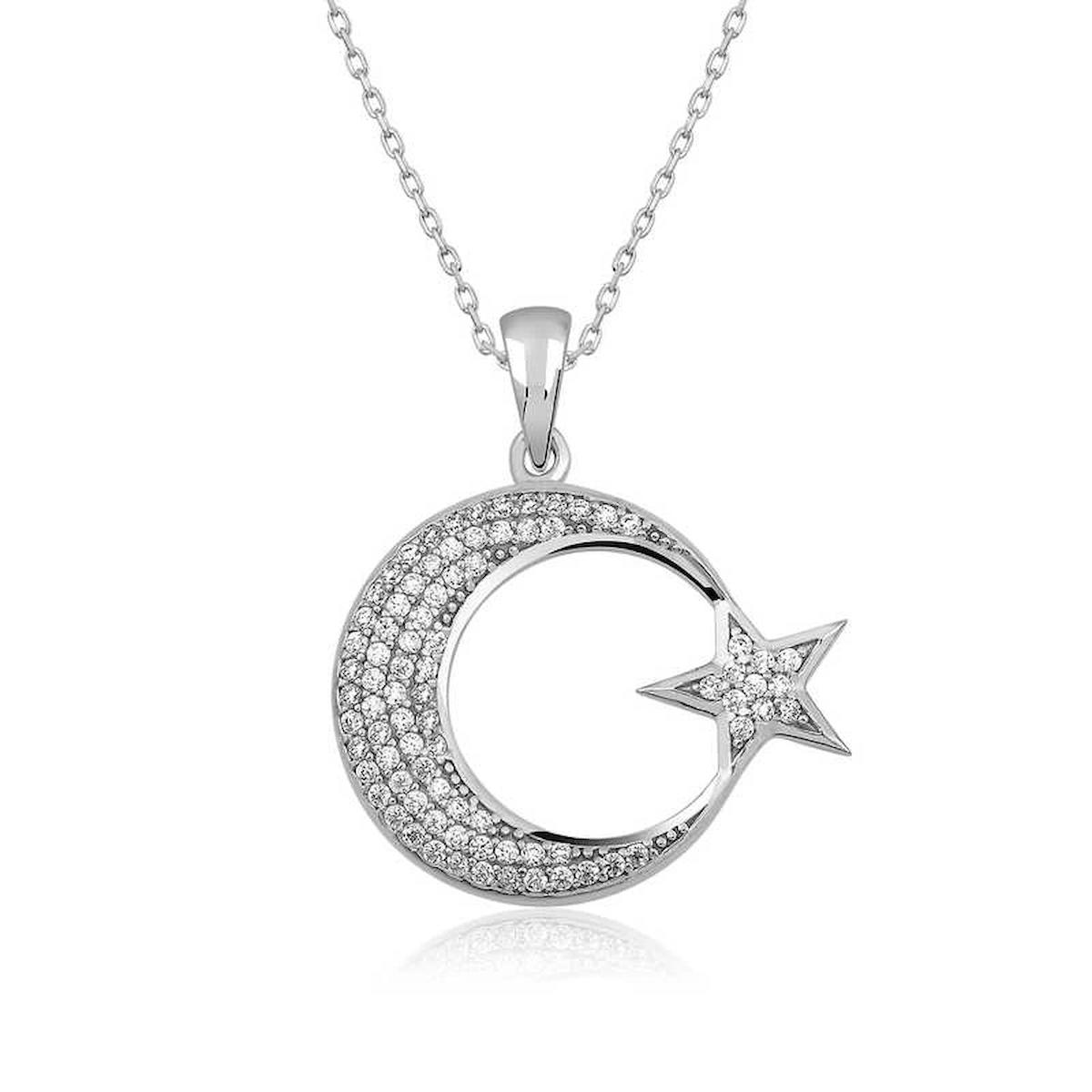 Gumush Ay Yıldız Beyaz Zirkon Taşlı 925 Ayar Kararmayan Forse Zincir Kadın Gümüş Kolye 45 cm