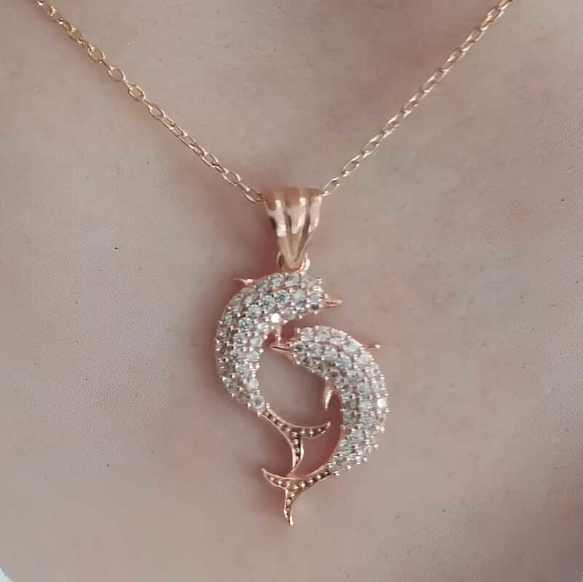 Stillove Çift Yunus Balığı Beyaz Zirkon Taşlı 925 Ayar Kararmayan Forse Zincir Kadın Gümüş Kolye 45 cm