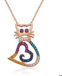 Serra Jewels Kedili Çok Renkli Zirkon Taşlı 925 Ayar Kararmayan Kalpli Forse Zincir Kadın Gümüş Kolye 45 cm
