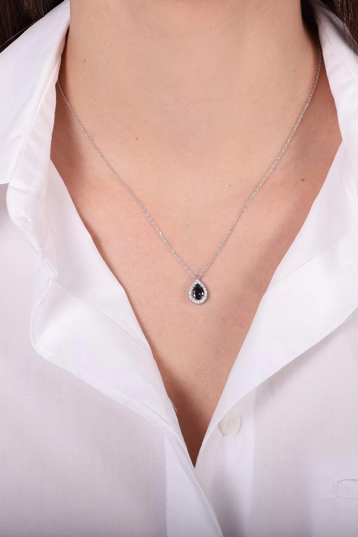 İpek Silver Beyaz Zirkon Taşlı 925 Ayar Kararmayan Damla Forse Zincir Kadın Gümüş Kolye