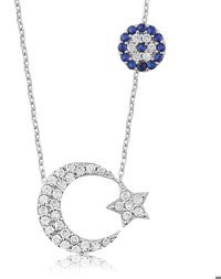 Serra Jewels Ay Yıldız Beyaz-Mavi Zirkon Taşlı 925 Ayar Kararmayan Forse Zincir Kadın Gümüş Kolye 45 cm