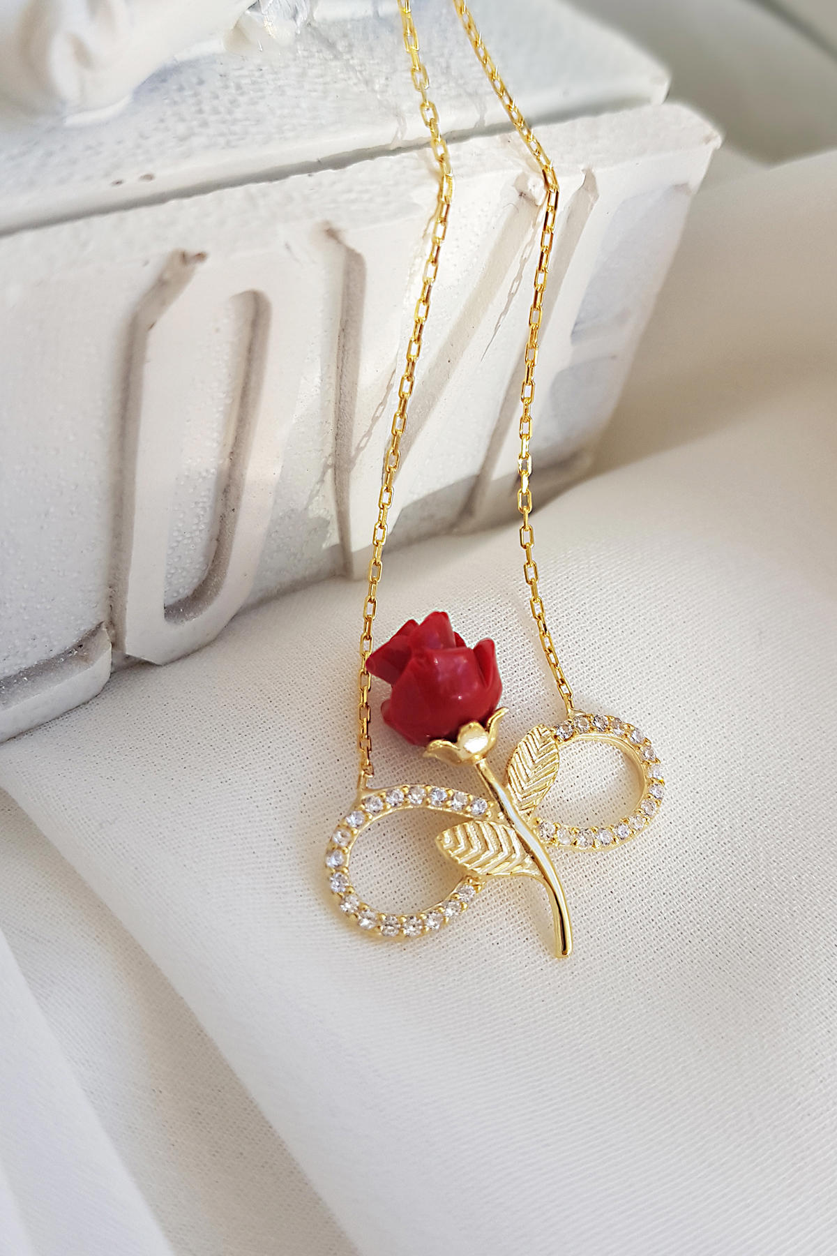 Vaoov Gül Gold Zirkon Taşlı 925 Ayar Altın Kaplama Kararmayan Sonsuzluk Forse Zincir Kadın Gümüş Kolye 45 cm