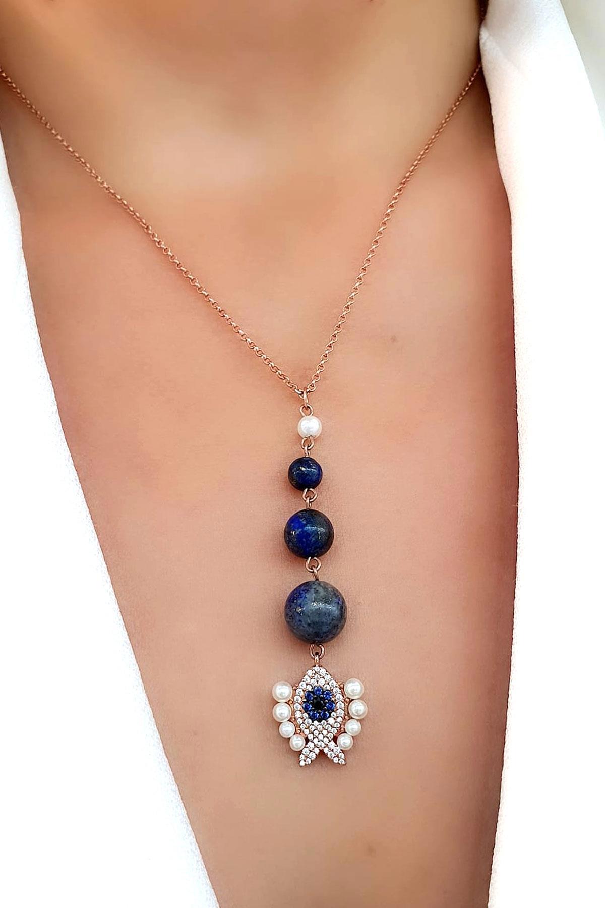 Oseshop Geometrik Lacivert Lapis Taşlı 925 Ayar Altın Kaplama Kararmayan Forse Zincir Kadın Gümüş Kolye 65 cm