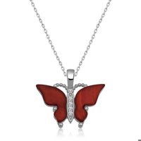 Serra Jewels Kelebekli Kırmızı Kuvars Taşlı 925 Ayar Kararmayan Forse Zincir Kadın Gümüş Kolye 45 cm