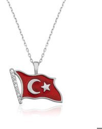 Serra Jewels Türk Bayrağı Beyaz Zirkon Taşlı 925 Ayar Kararmayan Forse Zincir Kadın Gümüş Kolye 45 cm