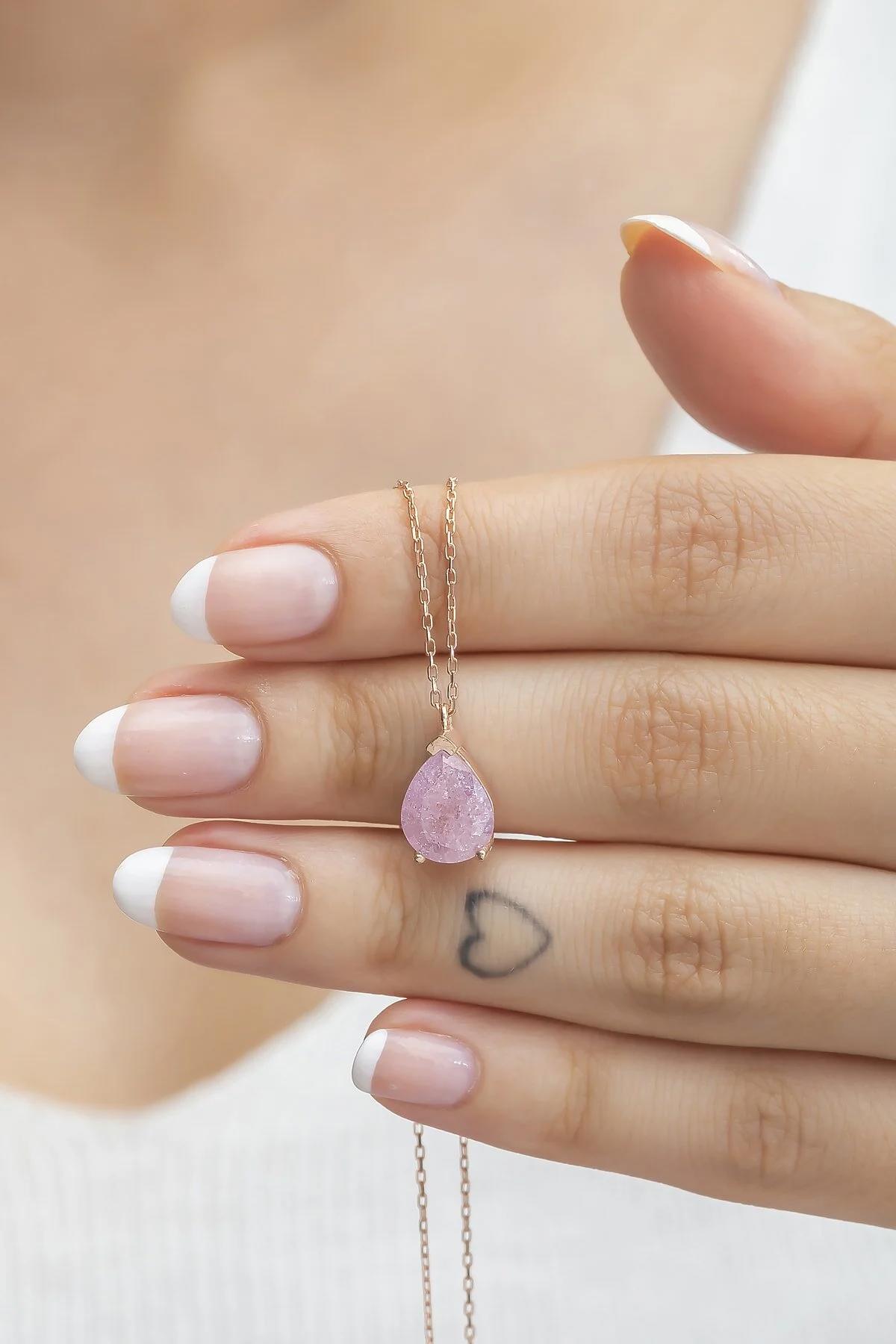 Nereze Tektaş Pembe Zirkon Taşlı 925 Ayar Altın Kaplama Kararmayan Forse Zincir Kadın Gümüş Kolye 42 cm