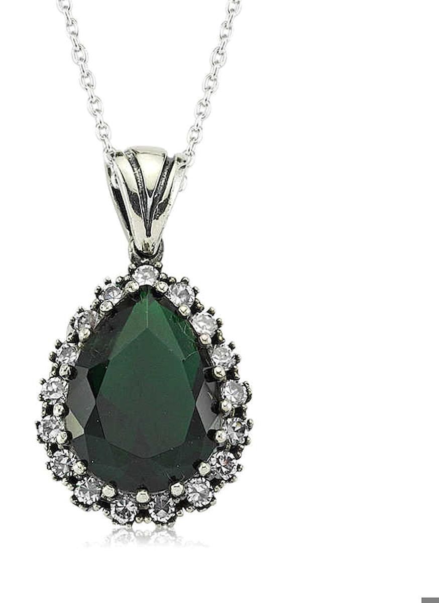 Gumush Hürrem Sultan Yeşil Zirkon Taşlı 925 Ayar Kararmayan Forse Zincir Kadın Gümüş Kolye 45 cm