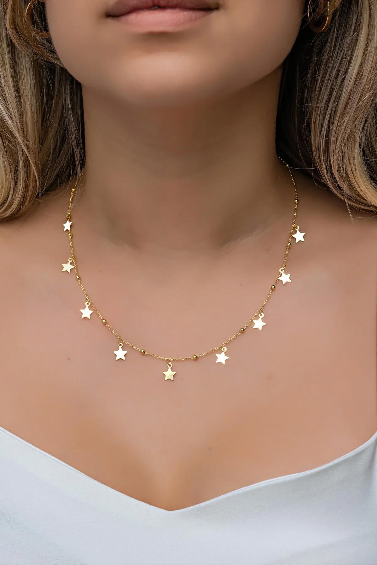 Nereze Yıldızlı Gold 925 Ayar Altın Kaplama Kararmayan Top Forse Zincir Kadın Gümüş Kolye 42 cm