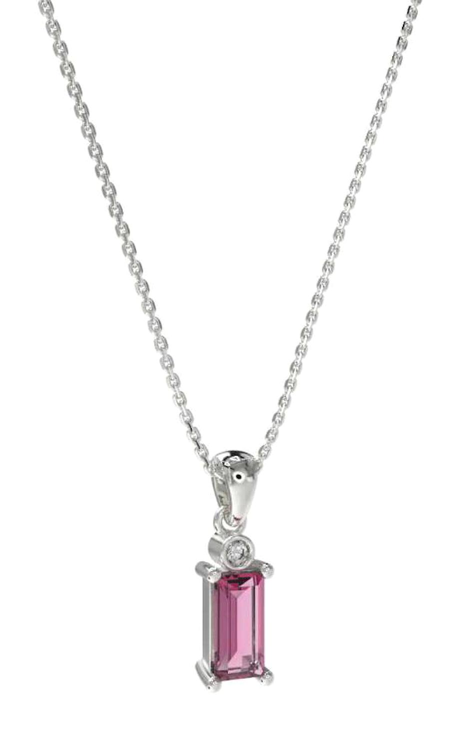 Roza Silver Tektaş Pembe Zirkon Taşlı 925 Ayar Kararmayan Dorika Zincir Kadın Gümüş Kolye 45 cm