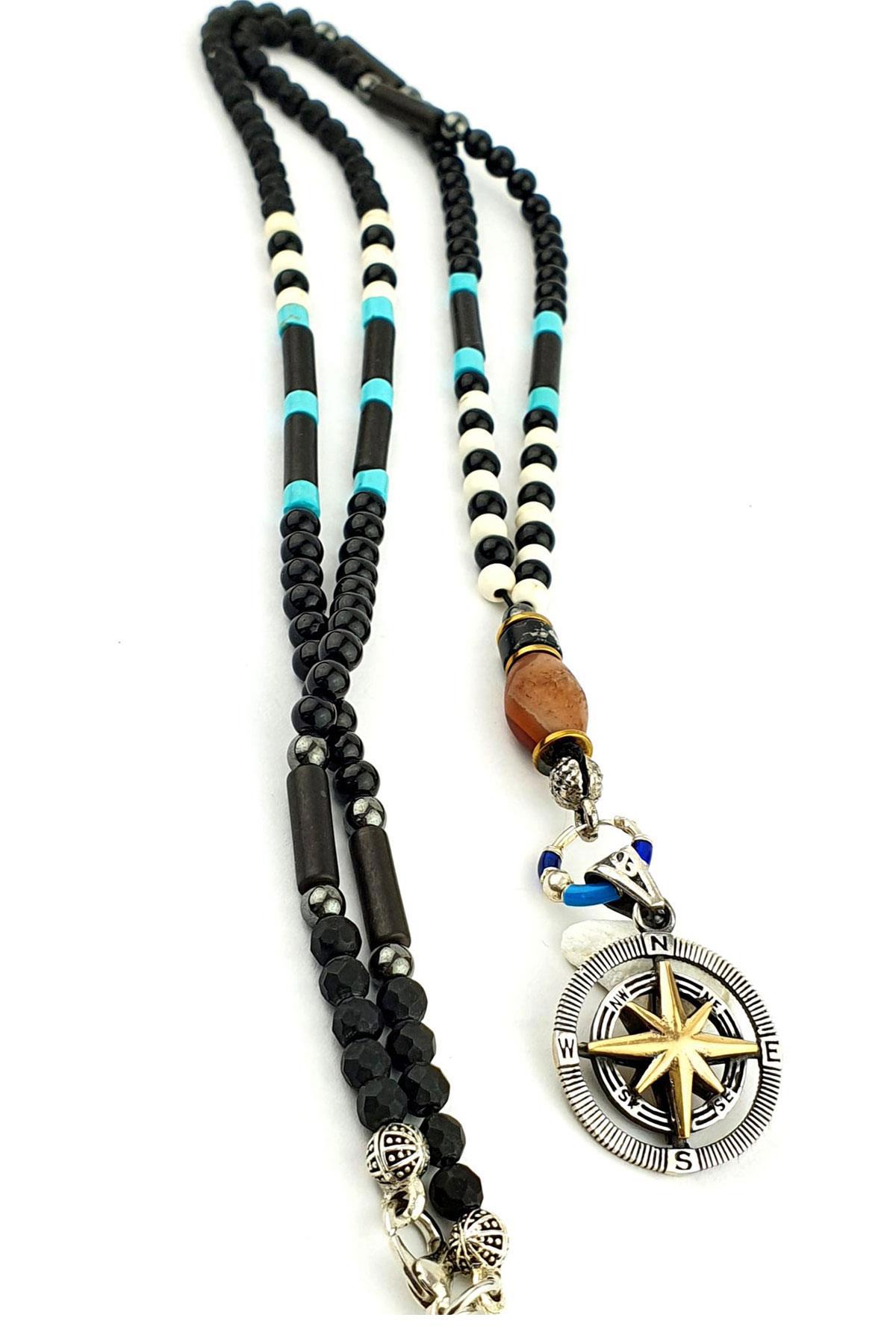 Oseshop Pusula Figürlü Siyah Havlit Taşlı 925 Ayar Kararmayan Forse Zincir Kadın Gümüş Kolye 71 cm
