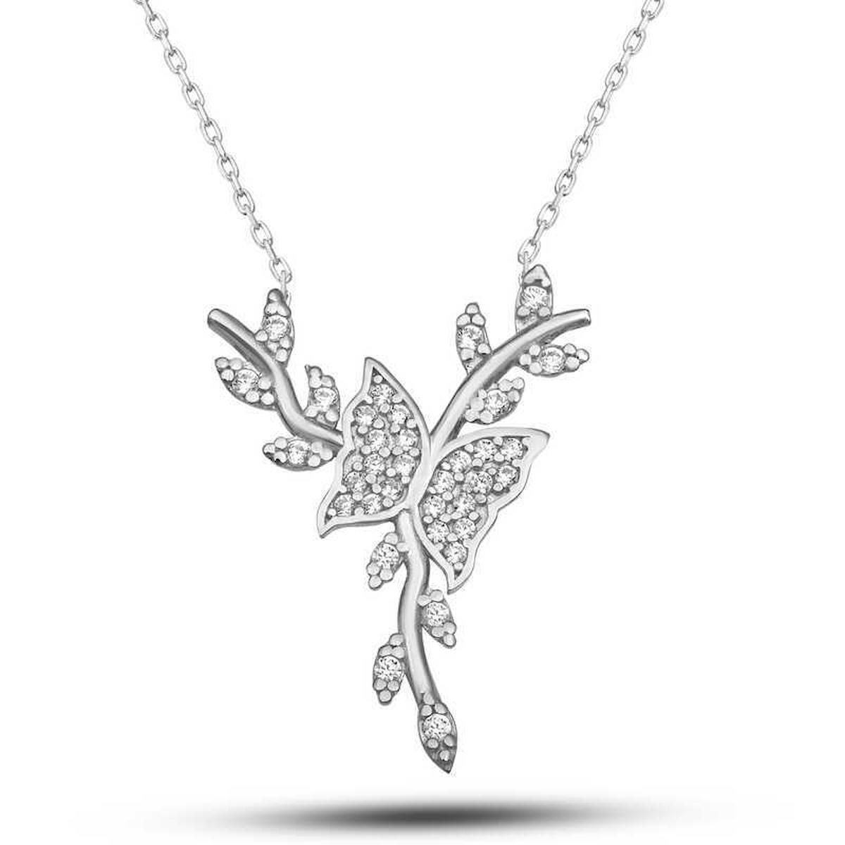 Serra Jewels Kelebekli Beyaz Zirkon Taşlı 925 Ayar Kararmayan Forse Zincir Kadın Gümüş Kolye 45 cm