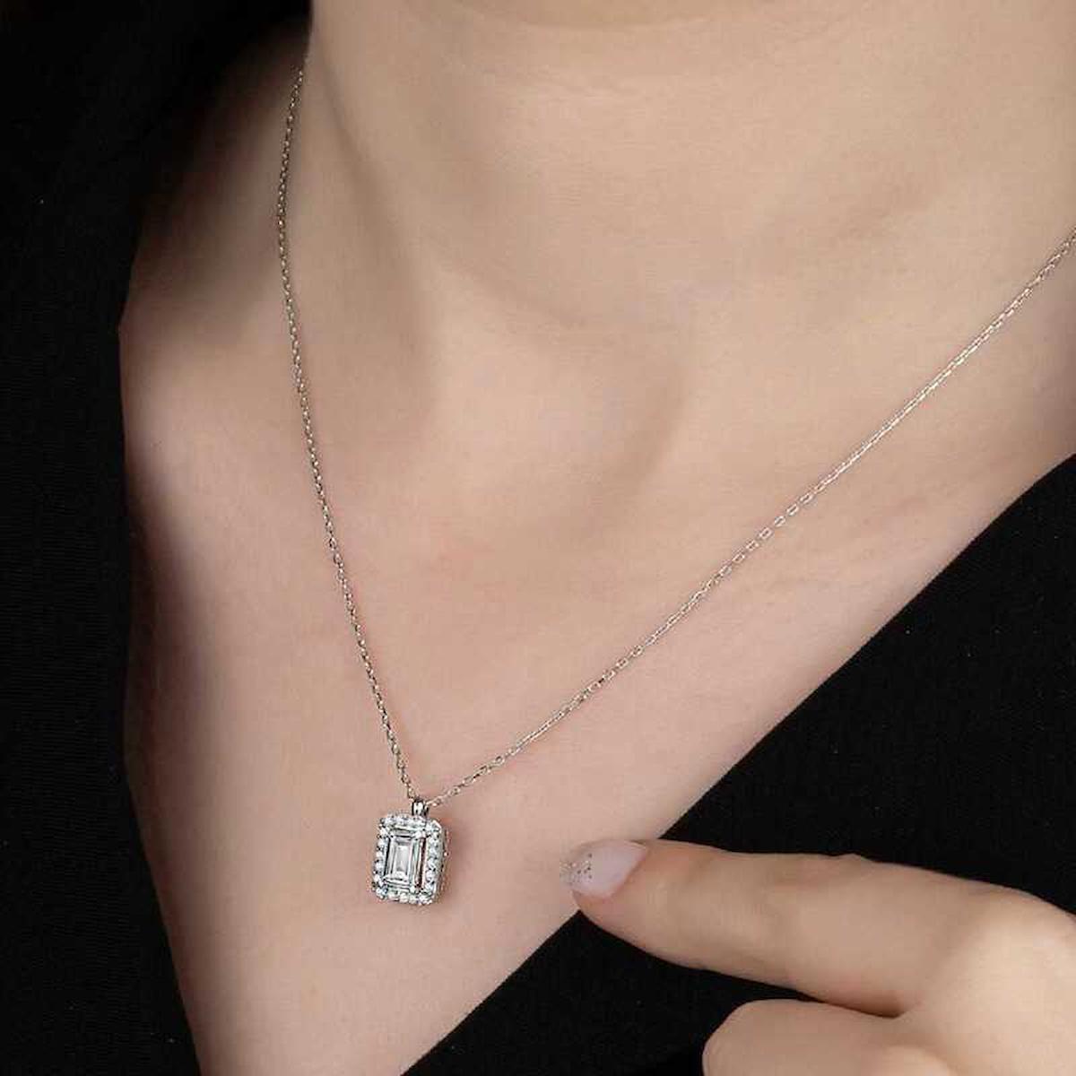 Gumush Beyaz Taşlı 925 Ayar Kararmayan Baget Forse Zincir Kadın Gümüş Kolye 50 cm