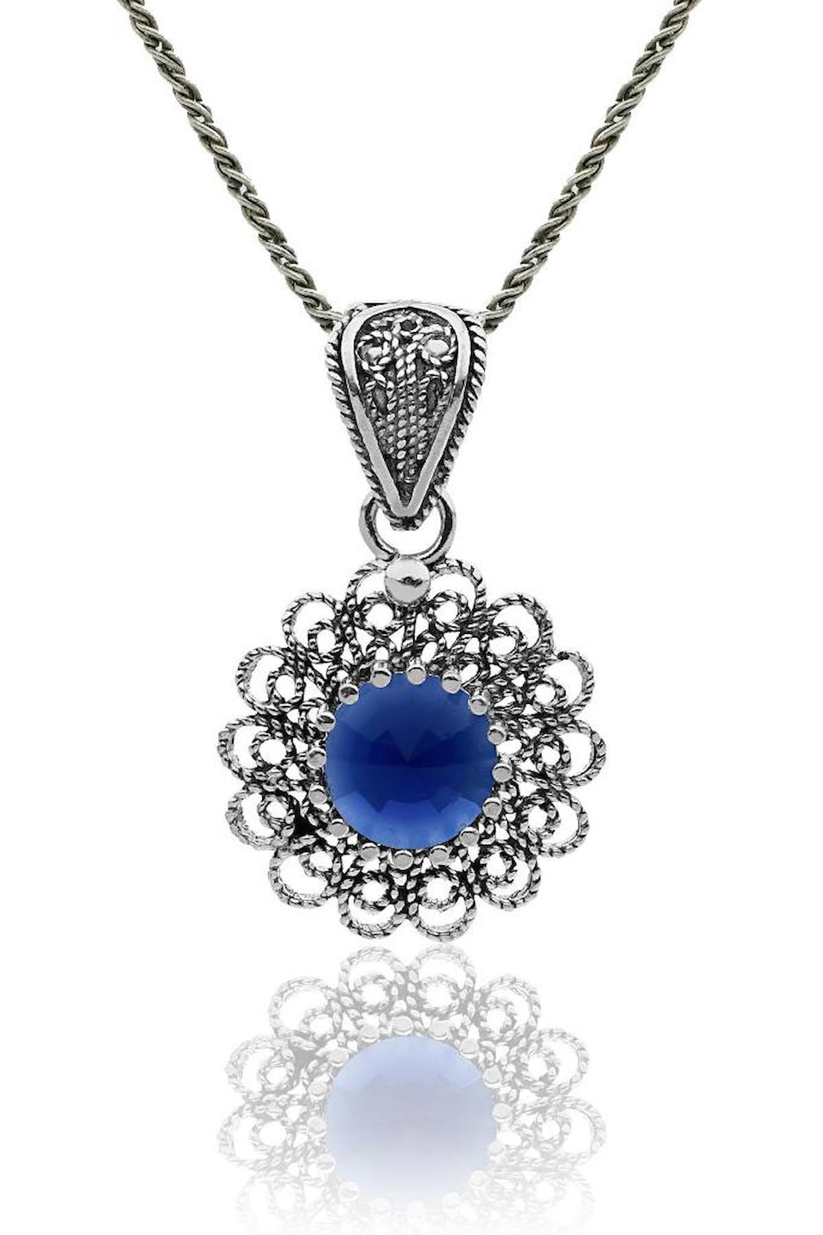 Roza Silver Çiçekli Mavi Topaz Taşlı 925 Ayar Kararmayan Burma Zincir Kadın Gümüş Kolye 45 cm