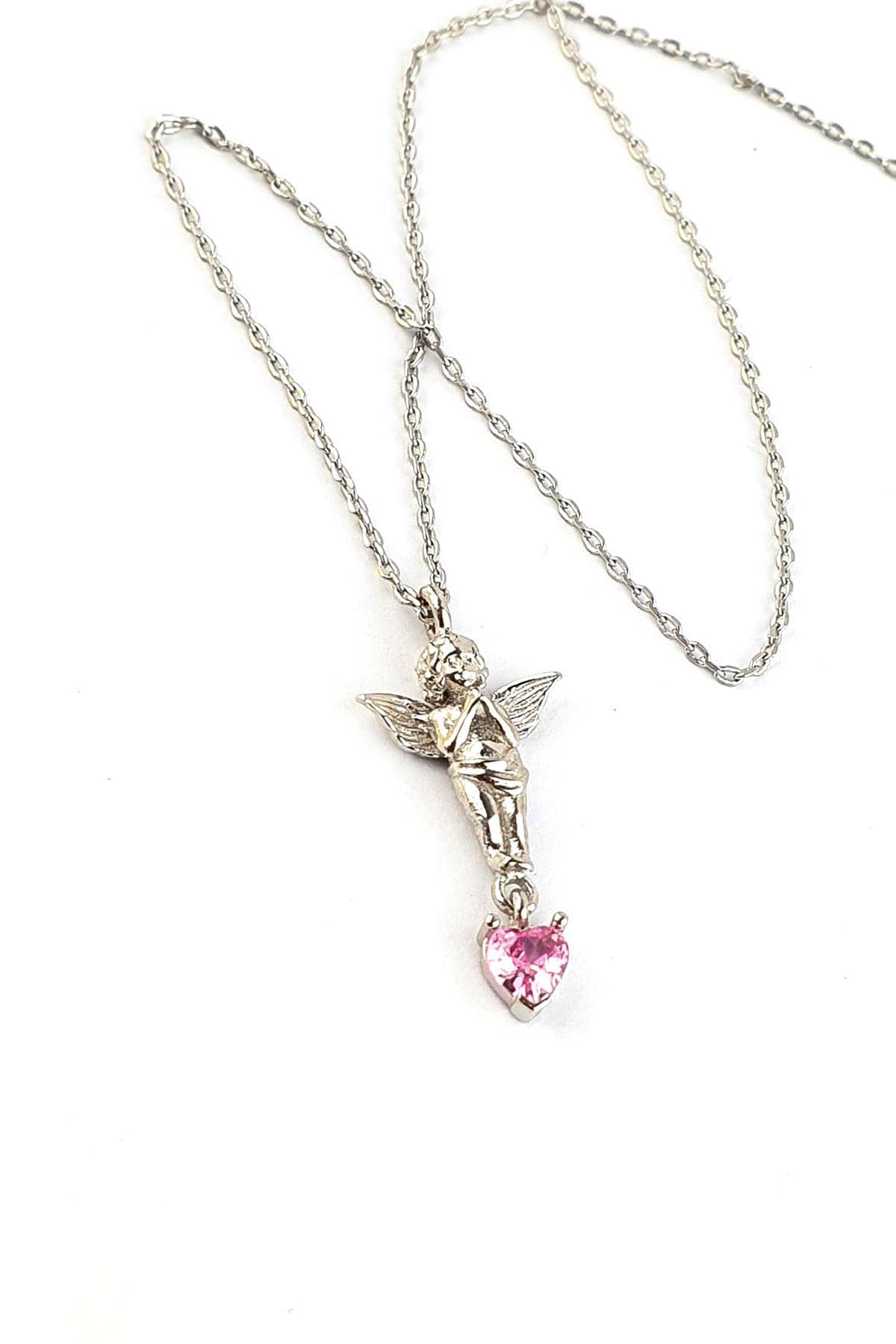 Oseshop Melek Pembe Zirkon Taşlı 925 Ayar Kararmayan Forse Zincir Kadın Gümüş Kolye 45 cm