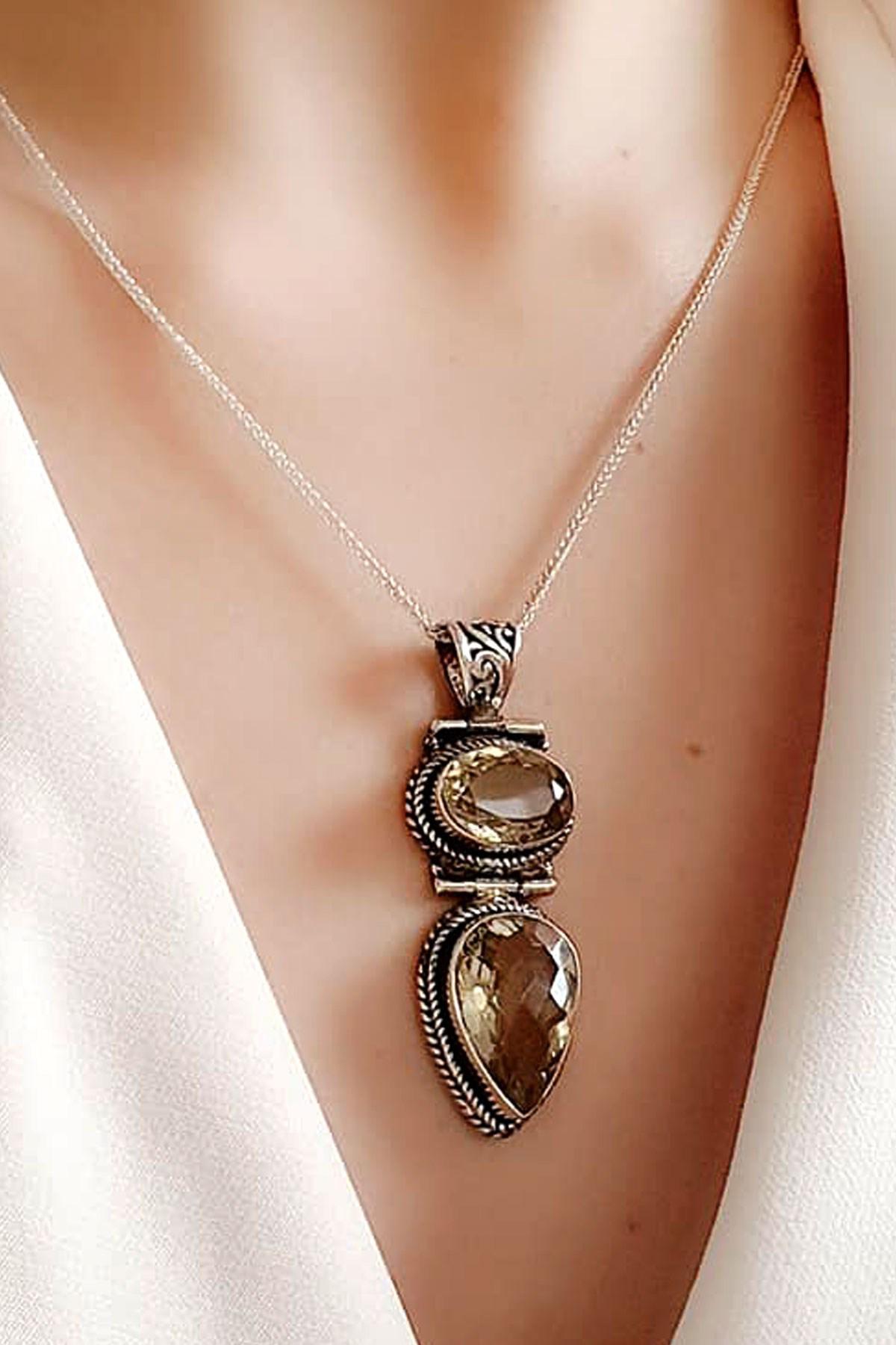 Oseshop Sarı Yeşil Taşlı 925 Ayar Kararmayan Forse Zincir Kadın Gümüş Kolye 50 cm