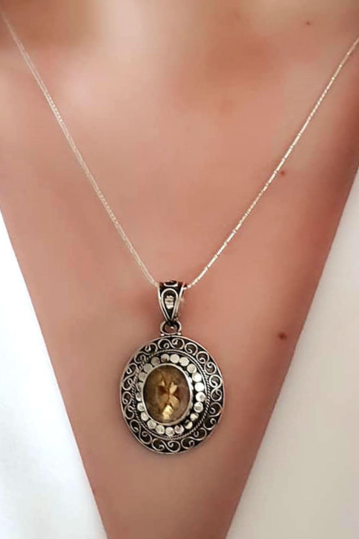 Oseshop Yuvarlak Sarı Yeşil Sitrin Taşlı 925 Ayar Kararmayan Forse Zincir Kadın Gümüş Kolye 50 cm