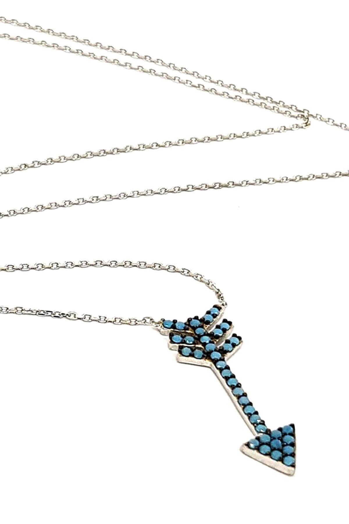 Oseshop Ok Mavi Turkuaz Zirkon Taşlı 925 Ayar Kararmayan Forse Zincir Kadın Gümüş Kolye 45 cm