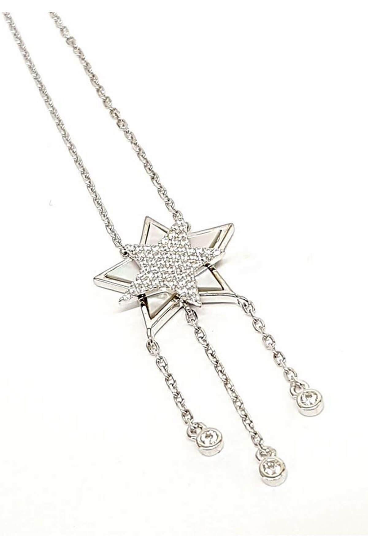 Oseshop Beyaz Taşlı Figürlü Forse Zincir Kadın Gümüş Kolye 45 cm