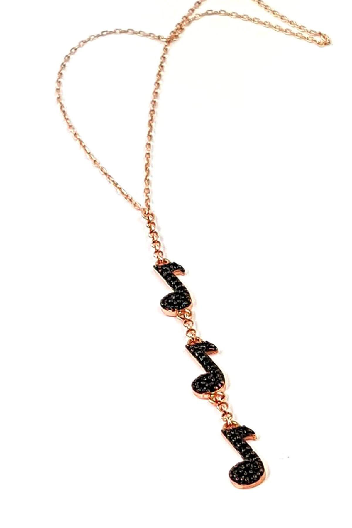 Oseshop Siyah Taşlı 925 Ayar Altın Kaplama Kararmayan Figürlü Forse Zincir Kadın Gümüş Kolye