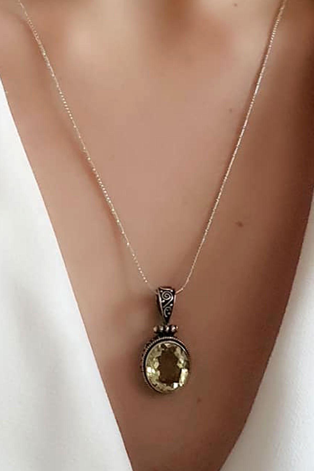 Oseshop Beyaz Sarı Taşlı Figürlü Forse Zincir Kadın Gümüş Kolye 50 cm