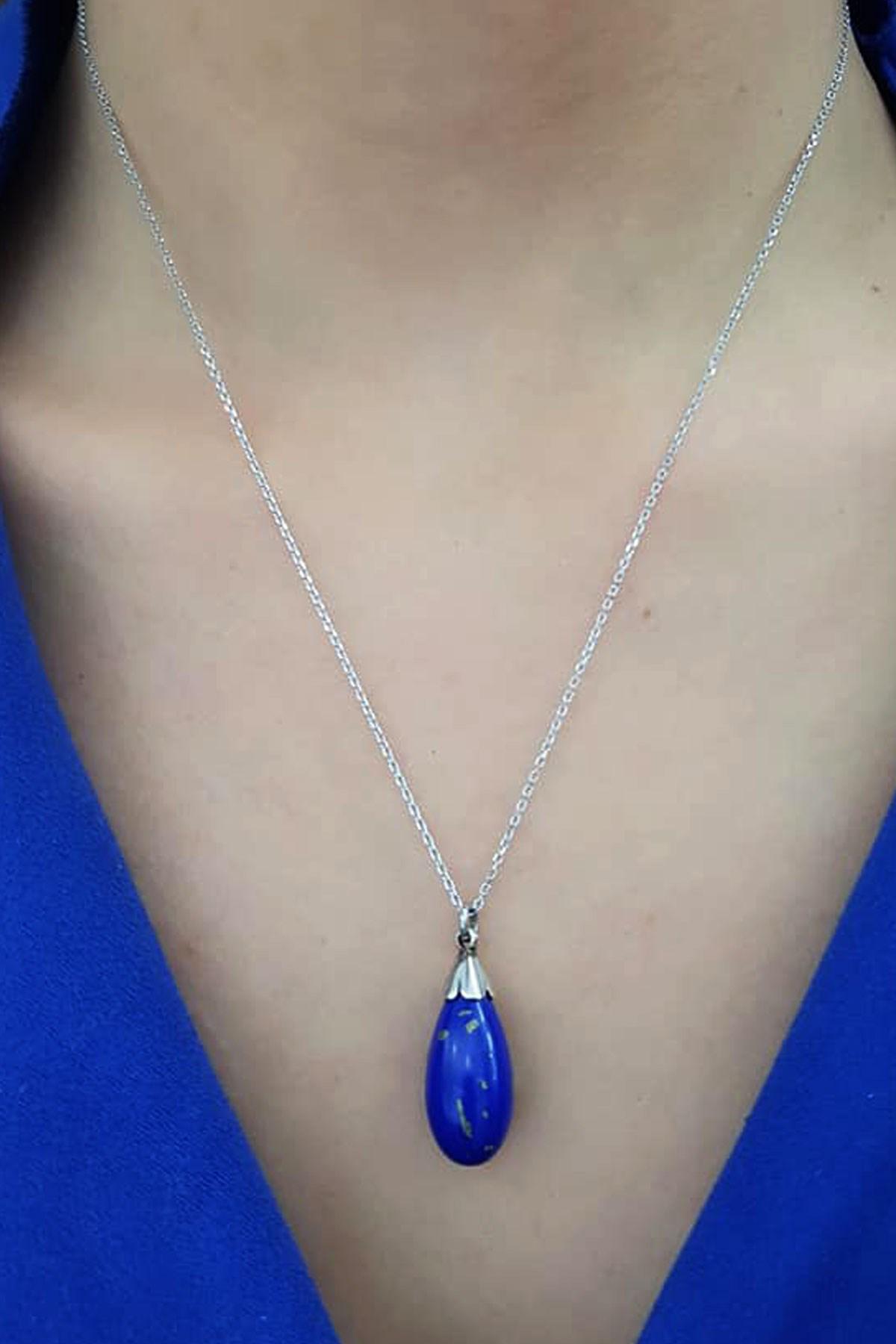 Oseshop Mavi Lapis Taşlı 925 Ayar Kararmayan Forse Zincir Kadın Gümüş Kolye 45 cm