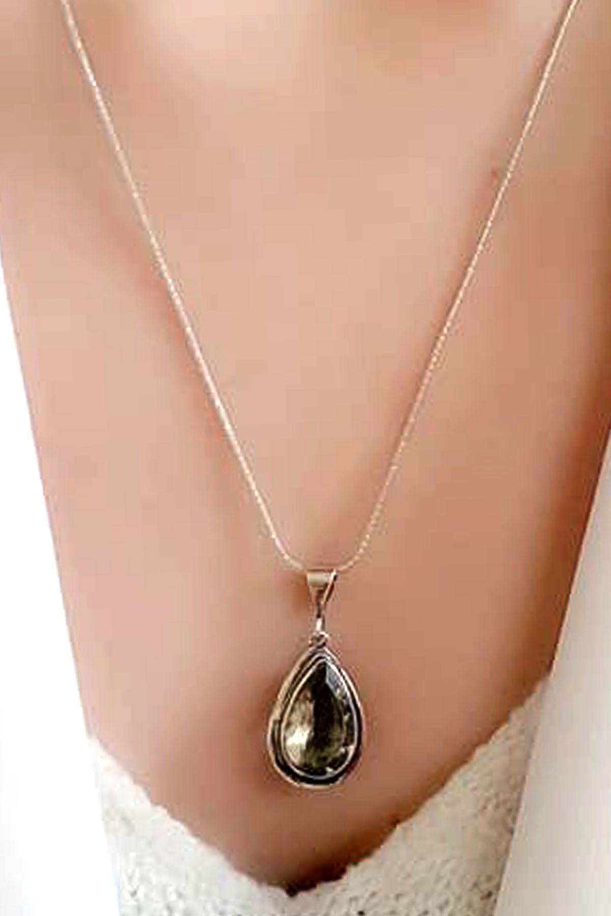 Oseshop Yeşil Doğal Taş Taşlı 925 Ayar Kararmayan Figürlü Forse Zincir Kadın Gümüş Kolye 50 cm
