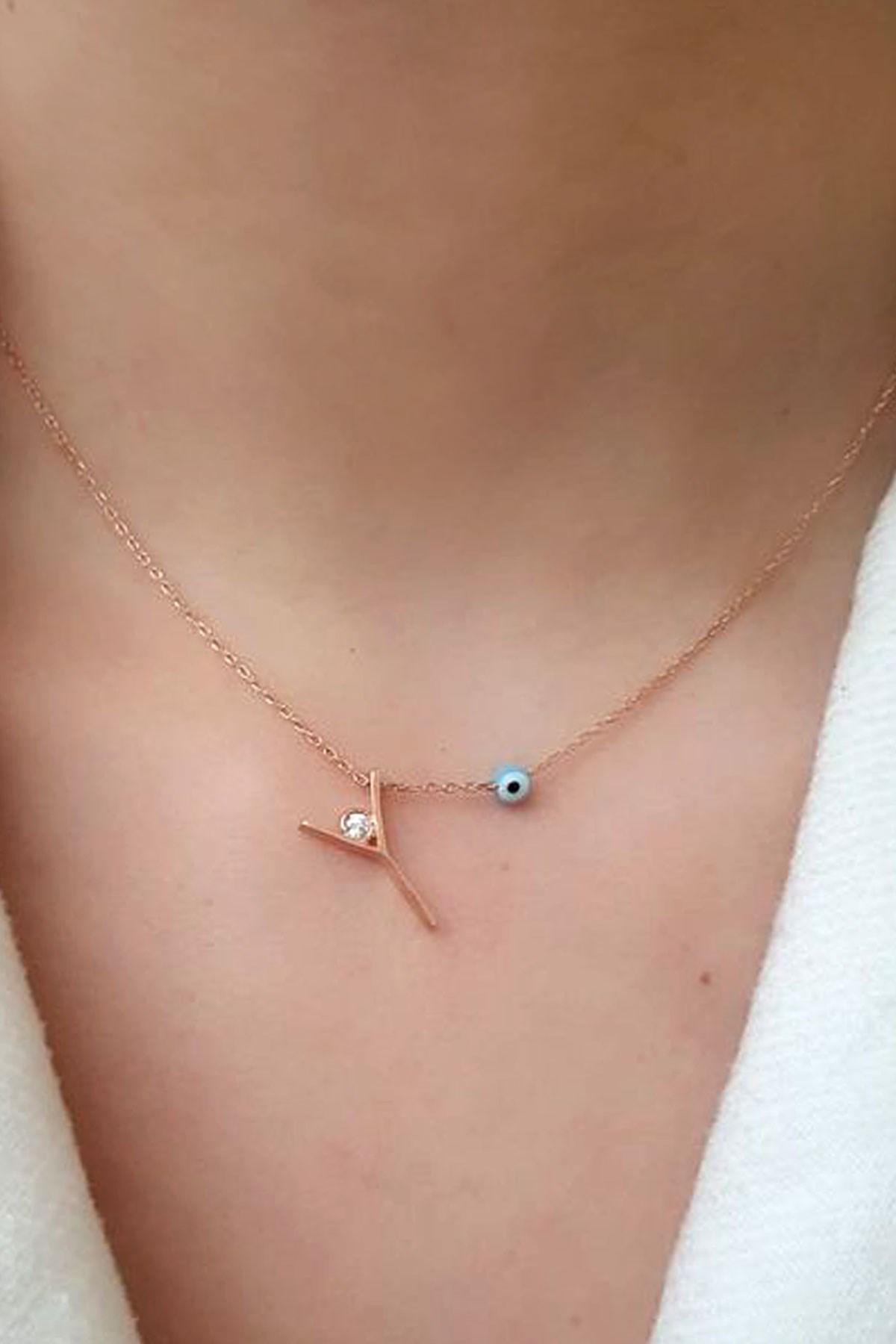 Oseshop Çok Renkli Taşlı Y Harfli Harfli Forse Zincir Kadın Gümüş Kolye 45 cm