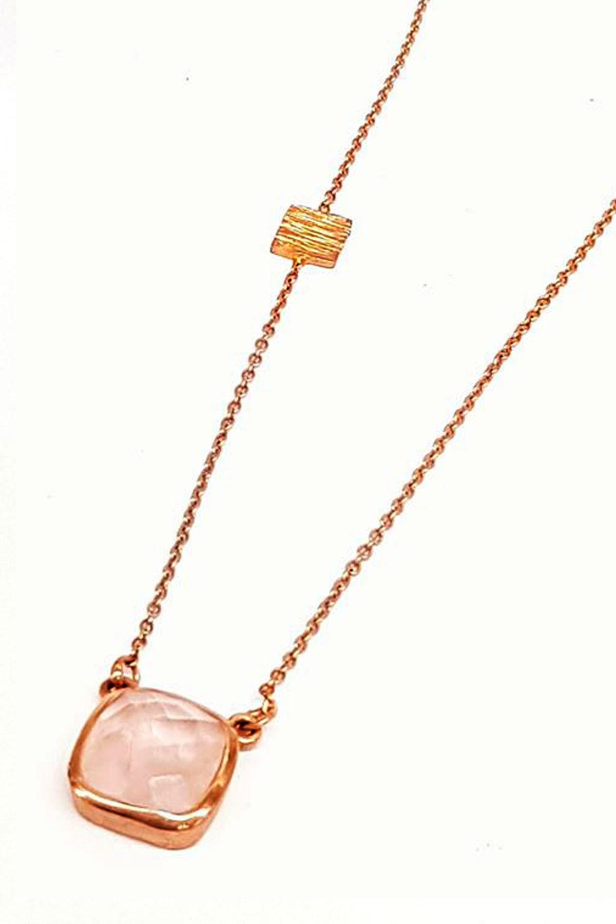 Oseshop Kare Pembe Kuvars Taşlı 925 Ayar Kararmayan Forse Zincir Kadın Gümüş Kolye 50 cm