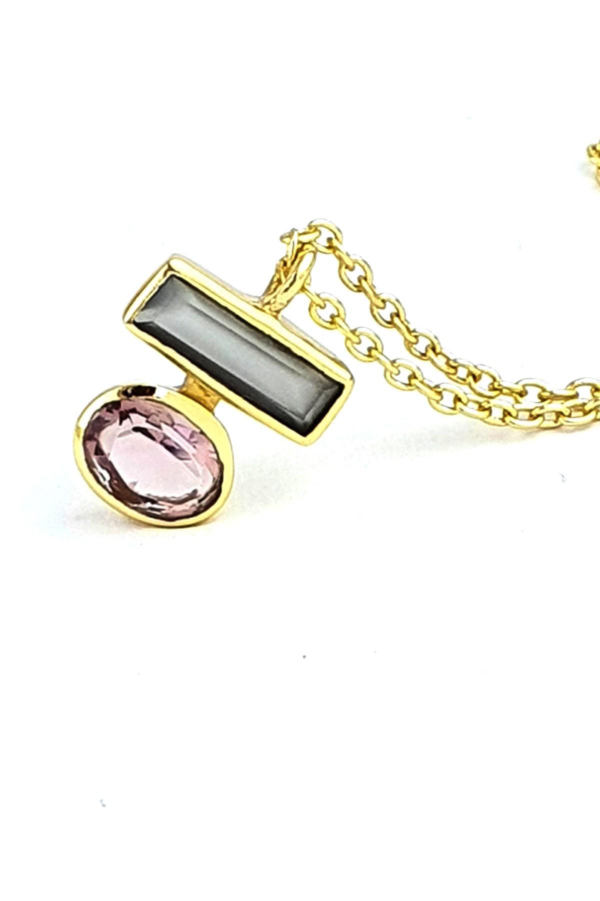 Oseshop Gri Pembe Taşlı 925 Ayar Altın Kaplama Kararmayan Figürlü Forse Zincir Kadın Gümüş Kolye 50 cm