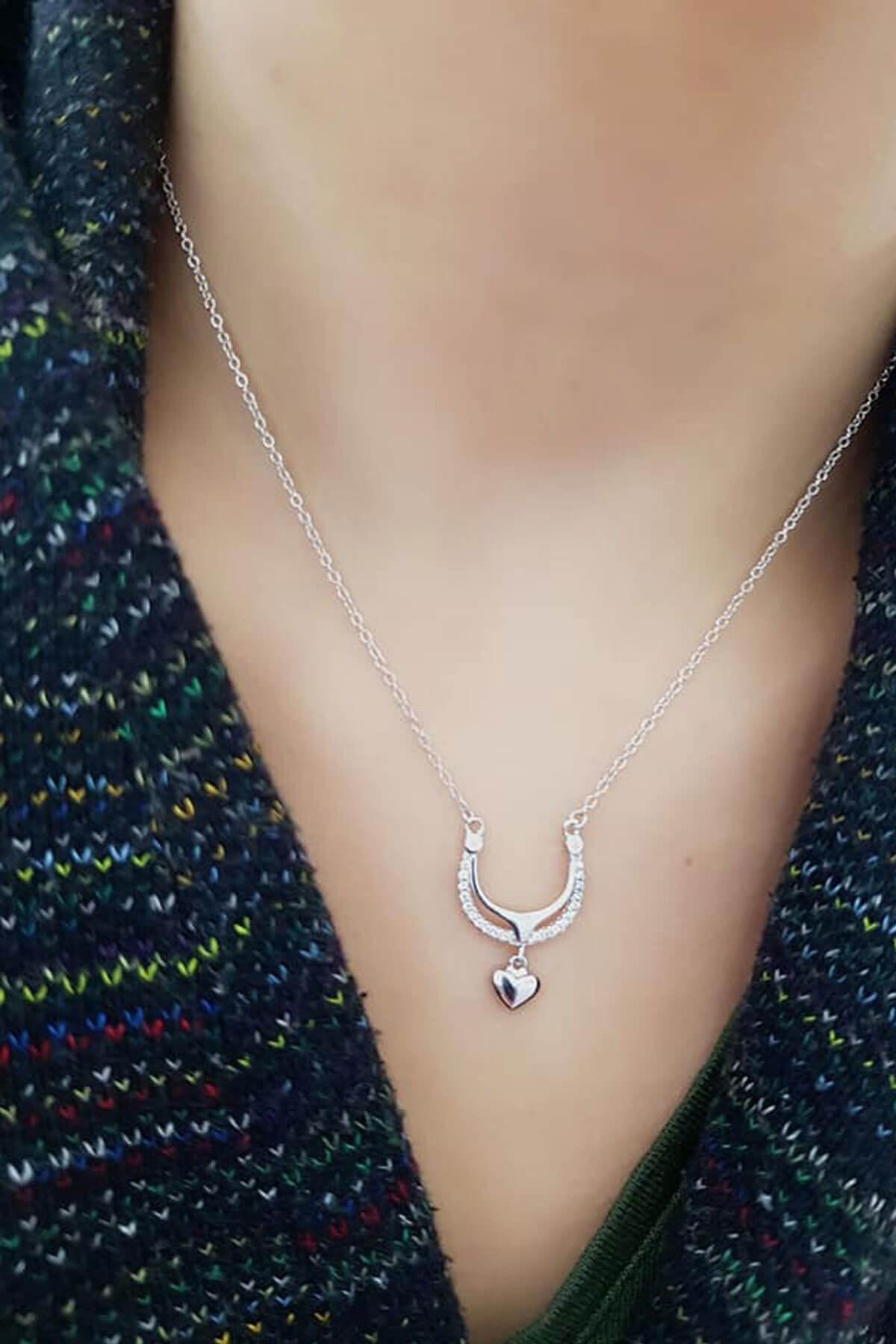 Oseshop Beyaz Taşsız Kalpli Forse Zincir Kadın Gümüş Kolye 45 cm