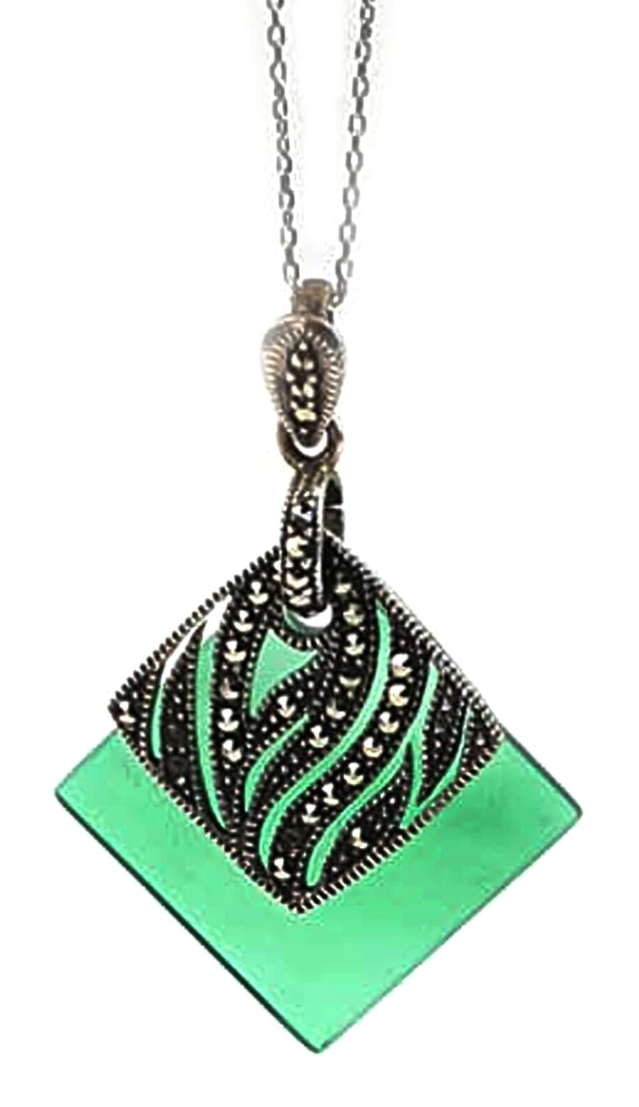 Oseshop Taşlı Yeşil Markazit Taşlı 925 Ayar Kararmayan Forse Zincir Kadın Gümüş Kolye 45 cm
