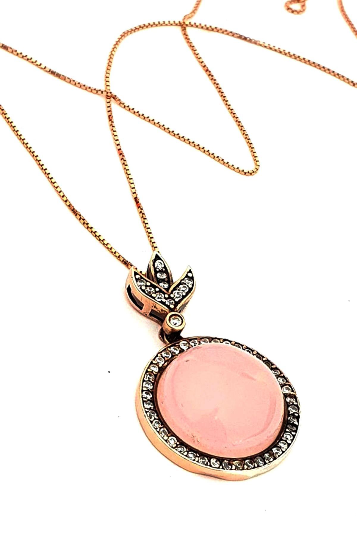 Oseshop Yuvarlak Pembe Beyaz Kuvars Taşlı 925 Ayar Kararmayan Forse Zincir Kadın Gümüş Kolye 45 cm