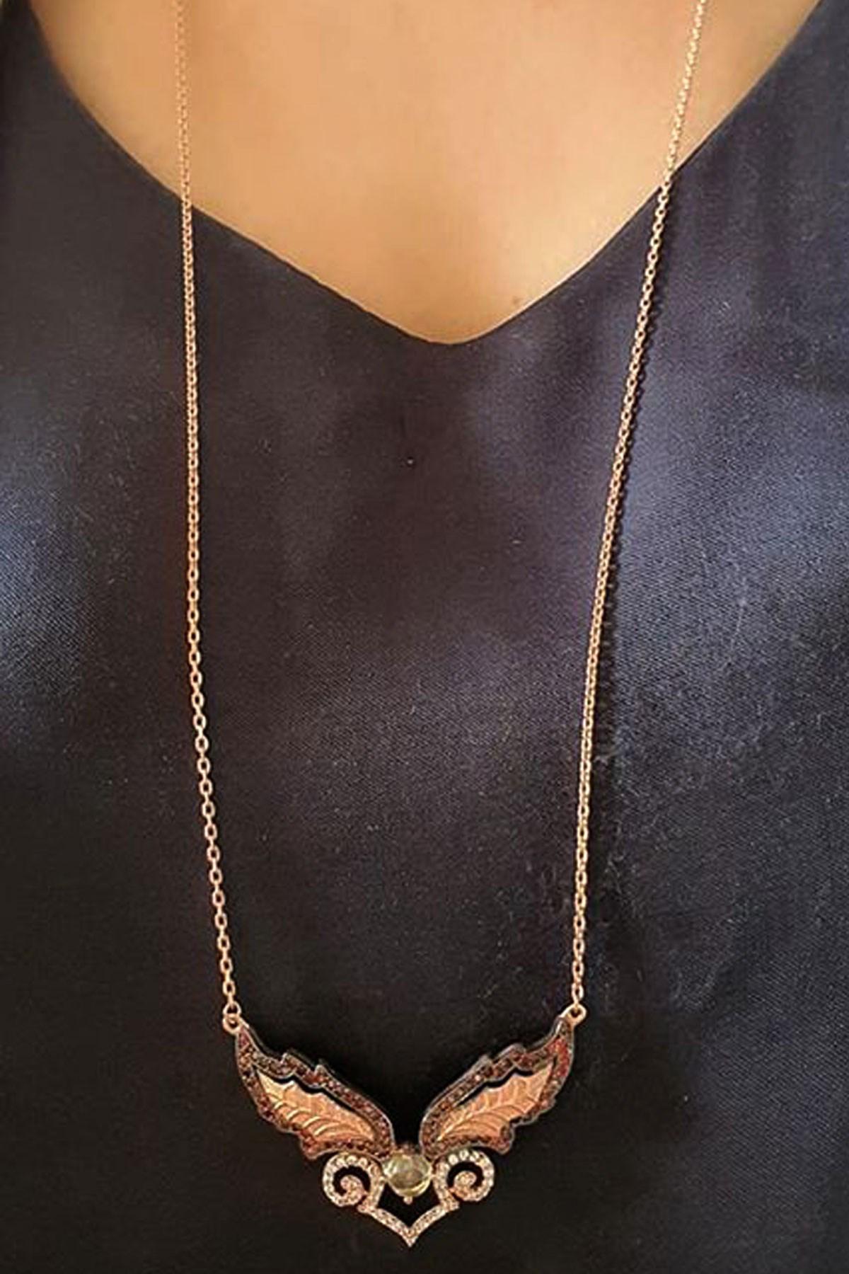 Oseshop Kanat Çok Renkli Lal Taşı Taşlı 925 Ayar Kararmayan Figürlü Forse Zincir Kadın Gümüş Kolye 45 cm