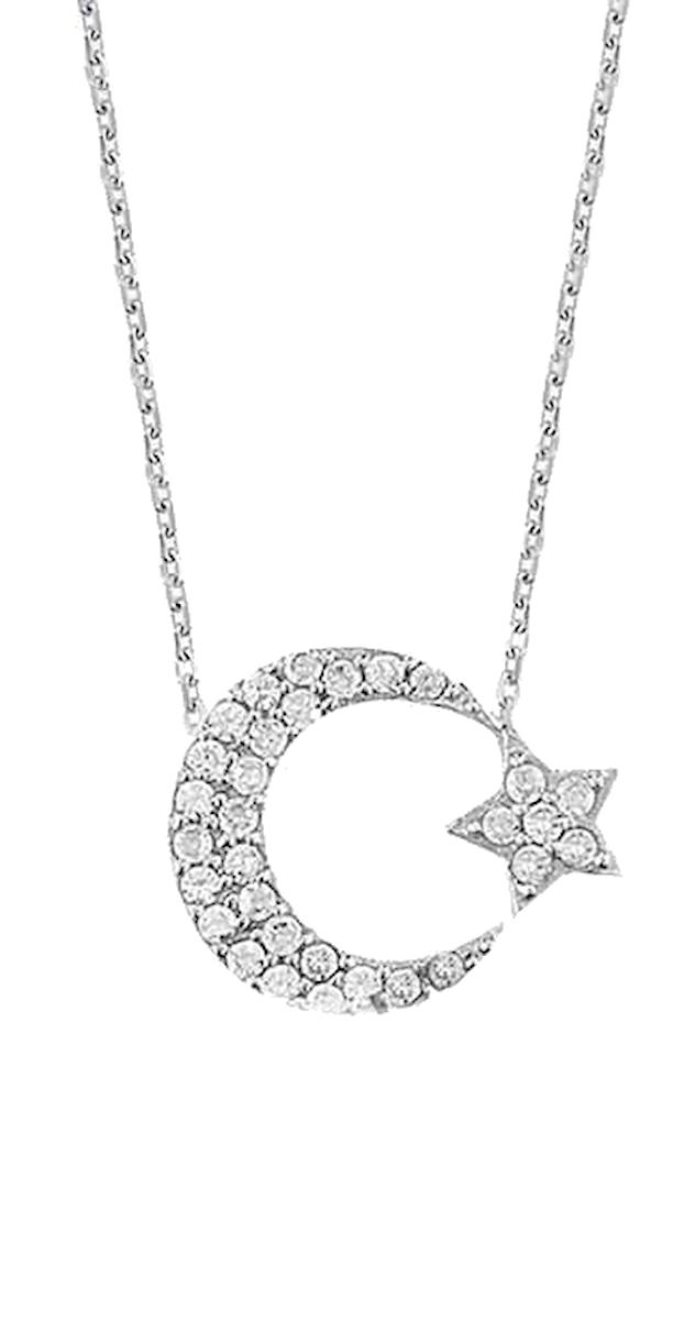 Chavin Jewelry Ay Yıldızlı Beyaz Taşlı Kararmayan Örgü Zincir Kadın Gümüş Kolye 45 cm