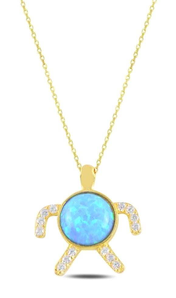 Silverlina Kaplumbağalı Beyaz-Mavi Opal - Zirkon Taşlı 925 Ayar Altın Kaplama Kararmayan Forse Zincir Kadın Gümüş Kolye 45 cm