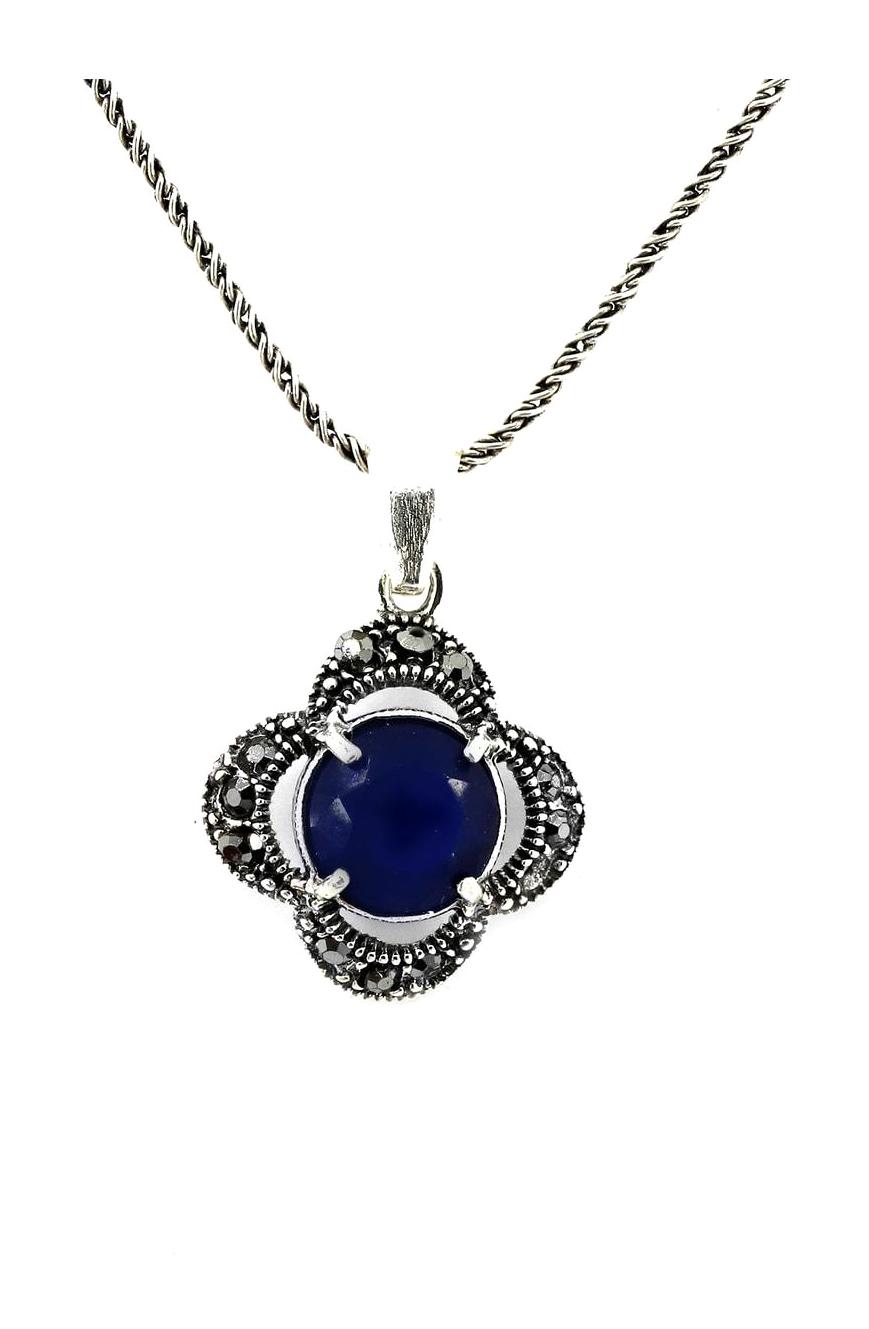 Sahra Gümüş Burma Çiçekli Lacivert Safir Taşlı 925 Ayar Kararmayan Halat Zincir Kadın Gümüş Kolye 45 cm