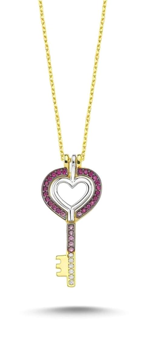 Silverlina Anahtarlı Pembe Zirkon Taşlı 925 Ayar Altın Kaplama Kararmayan Forse Zincir Kadın Gümüş Kolye 45 cm