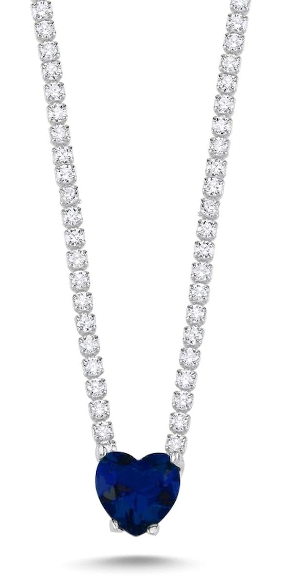 Silverlina Su Yolu Kalpli Beyaz-Mavi Safir - Zirkon Taşlı 925 Ayar Kararmayan Zincir Kadın Gümüş Kolye 45 cm