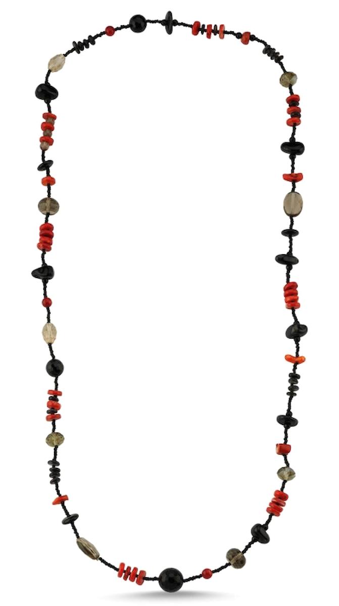 Silverlina Çok Renkli Mercan - Oniks Taşlı Zincir Kadın Gümüş Kolye 45 cm