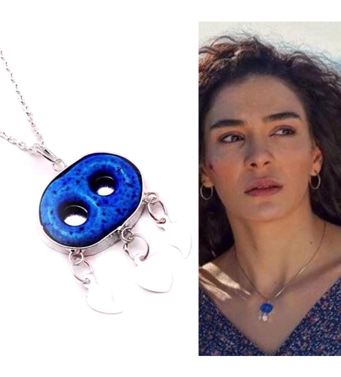 Sahra Gümüş Ataç Süryani Nazar Boncuğu Mavi Taşlı 925 Ayar Kararmayan Forse Zincir Kadın Gümüş Kolye 45 cm