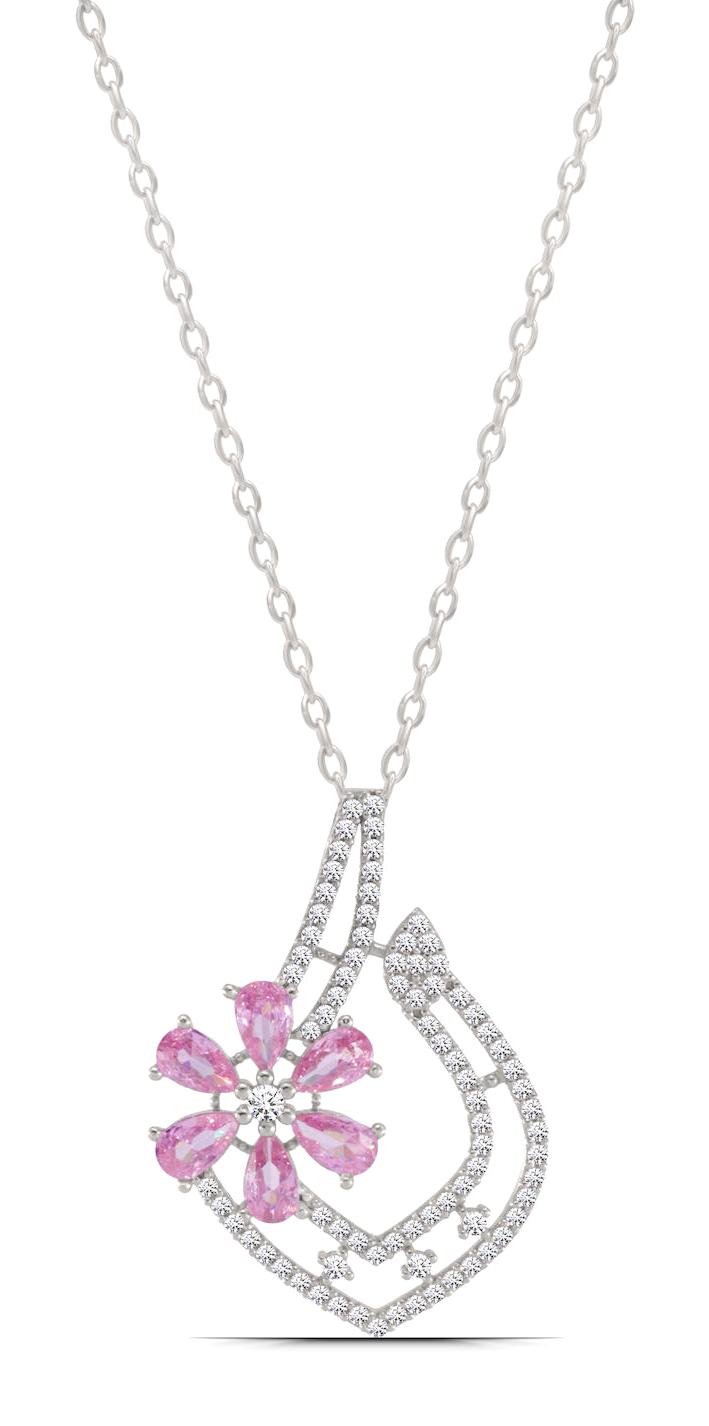 Parmas Design Papatyalı Beyaz-Pembe Zirkon Taşlı 925 Ayar Kararmayan Forse Zincir Kadın Gümüş Kolye 46 cm