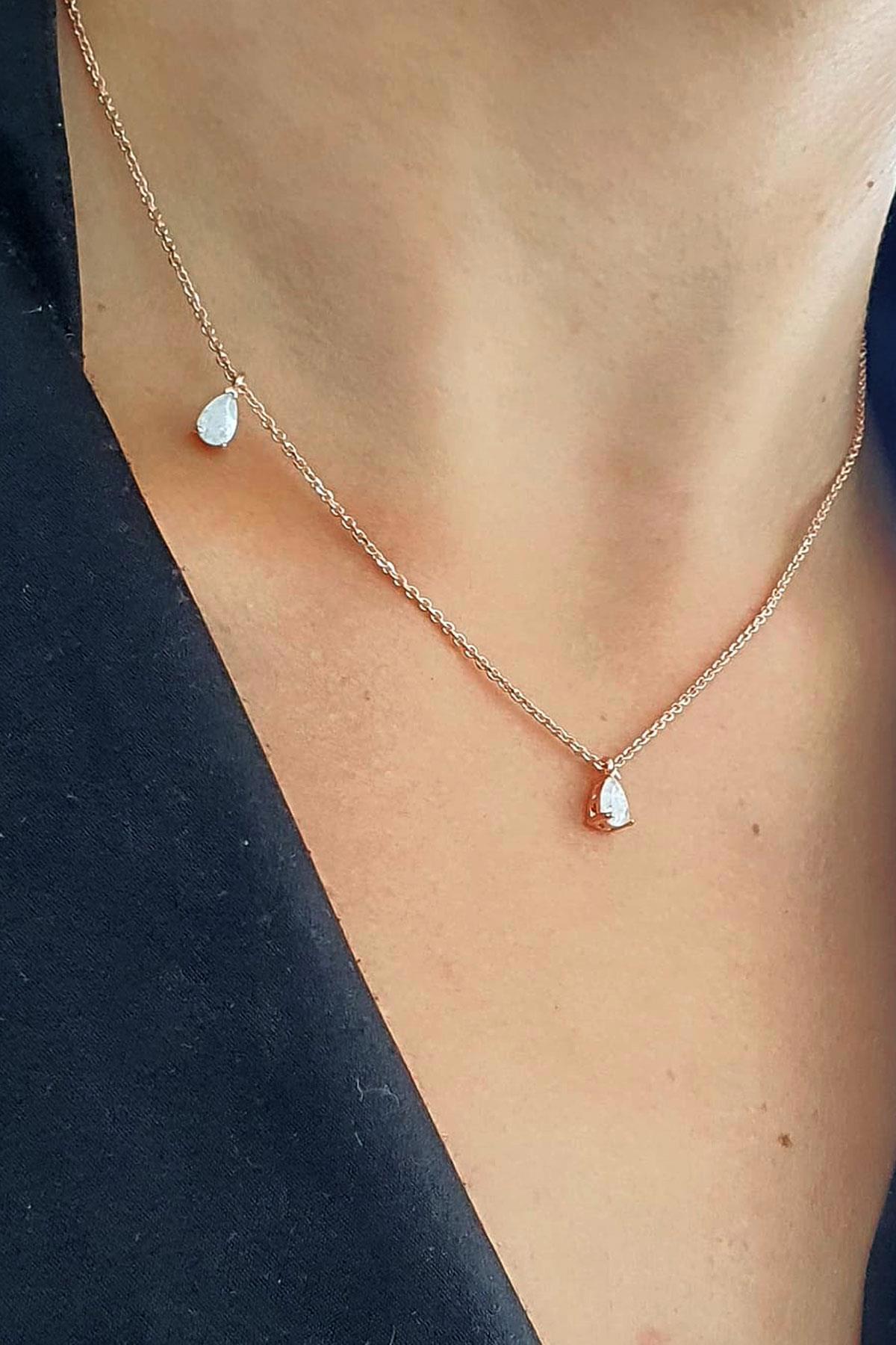 Oseshop Damla Beyaz Kuvars Taşlı 925 Ayar Altın Kaplama Kararmayan Forse Zincir Kadın Gümüş Kolye 42 + 6 cm