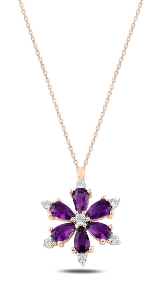 Silverlina Lotus Çiçekli Beyaz-Mor Ametist Taşlı 925 Ayar Kararmayan Forse Zincir Kadın Gümüş Kolye 45 cm