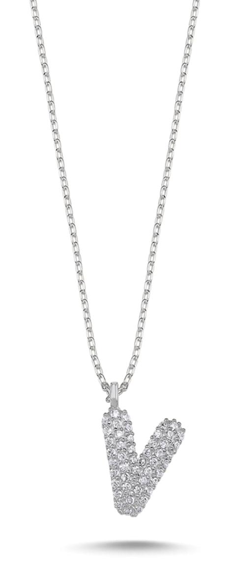 Silverlina Hayalet Beyaz Zirkon Taşlı V Harfli 925 Ayar Kararmayan Forse Zincir Kadın Gümüş Kolye 45 cm